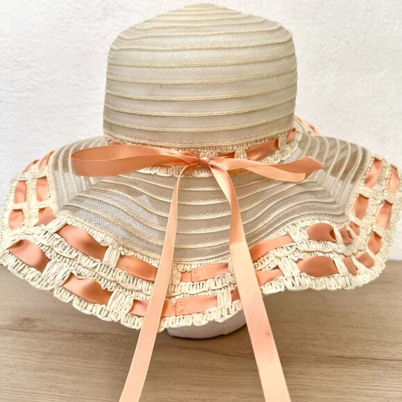 Vintage Cream & Peach Ribbon Embellished Wavy Brim Floppy Mesh Prairie Sun Hat main image 6